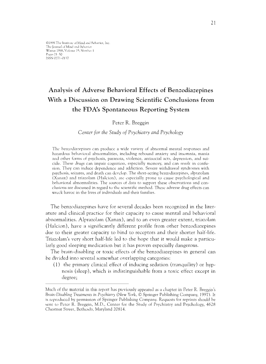 Analysis of Adverse Behavioral Effects of Benzodiazepines with a Discussion of Drawing Scientific Conclusions from the FDA's