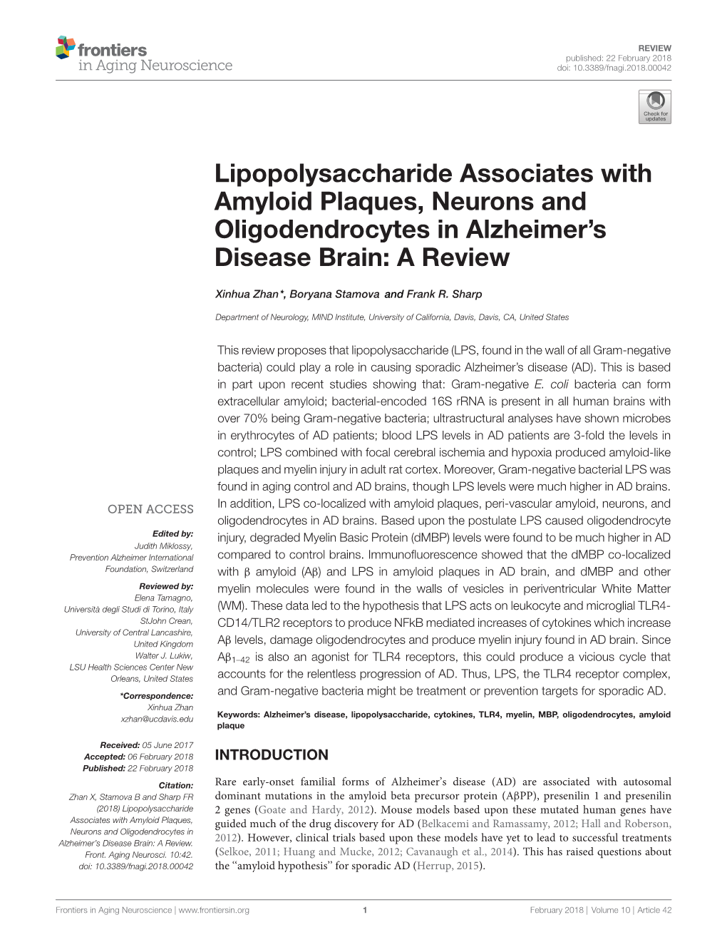 Lipopolysaccharide Associates with Amyloid Plaques, Neurons and Oligodendrocytes in Alzheimer’S Disease Brain: a Review