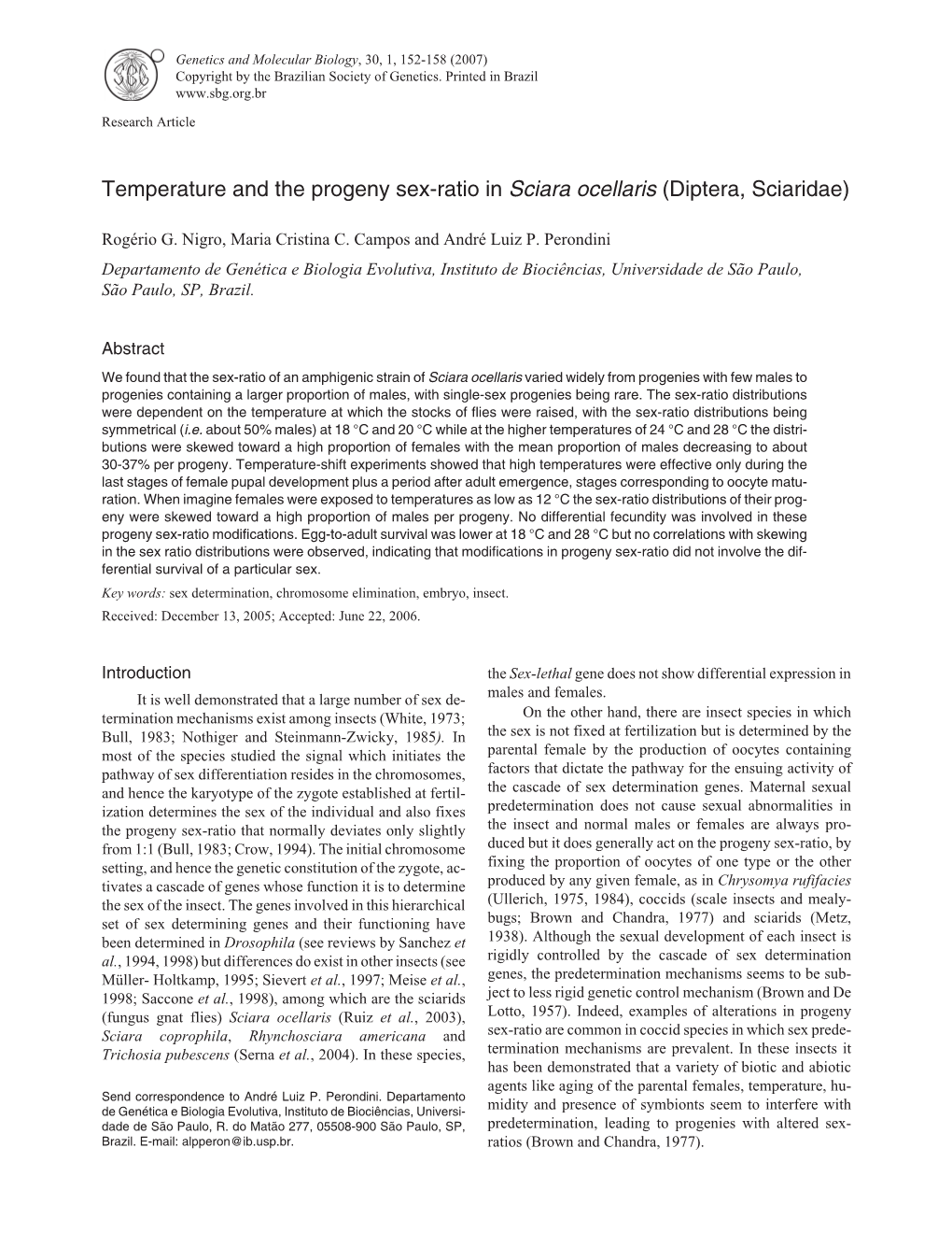 Temperature and the Progeny Sex-Ratio in Sciara Ocellaris (Diptera, Sciaridae)