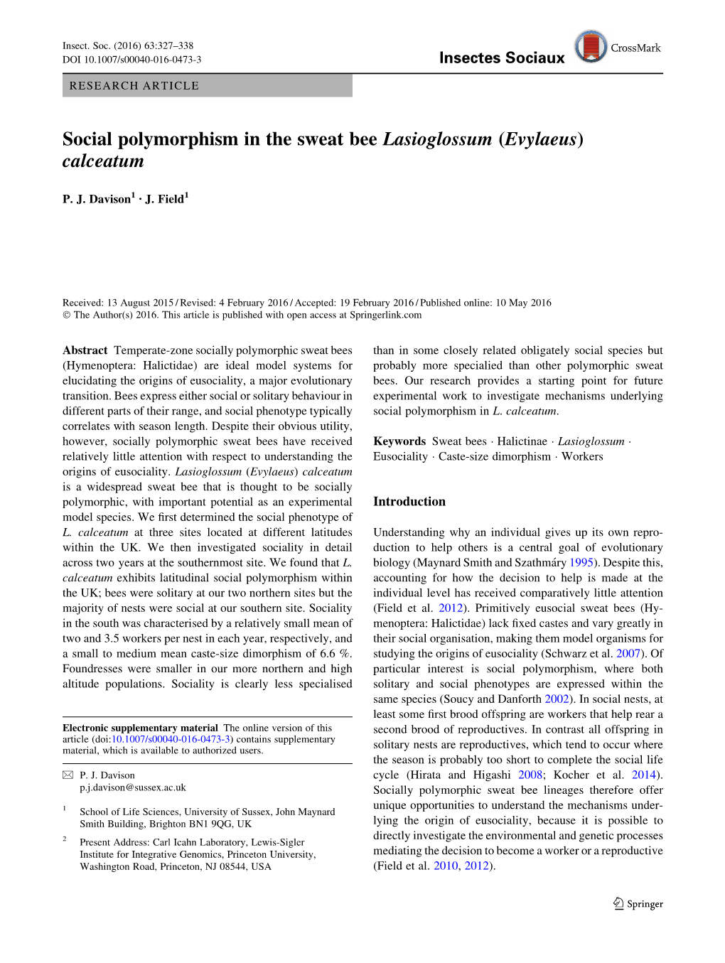 Social Polymorphism in the Sweat Bee Lasioglossum (Evylaeus) Calceatum