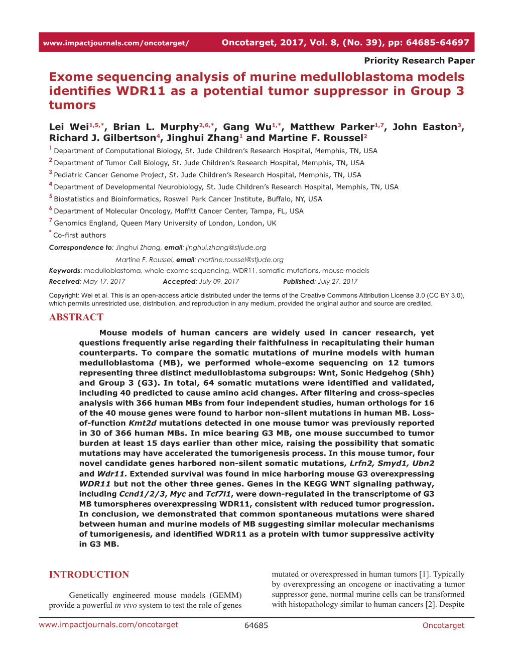 Exome Sequencing Analysis of Murine Medulloblastoma Models Identifies WDR11 As a Potential Tumor Suppressor in Group 3 Tumors