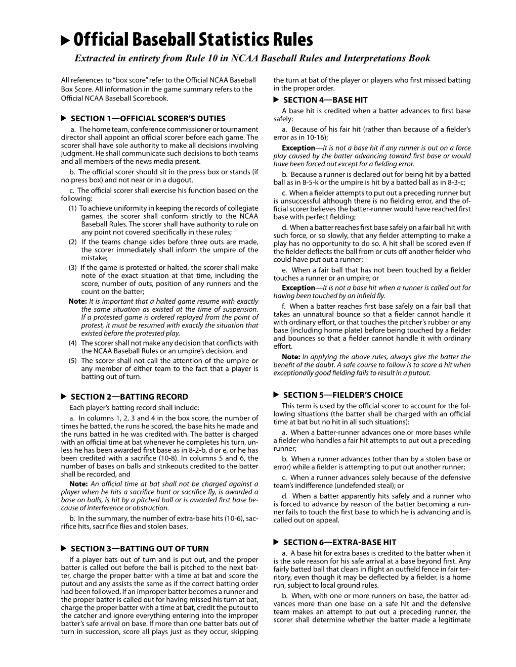 Official Baseball Statistics Rules Extracted in Entirety from Rule 10 in NCAA Baseball Rules and Interpretations Book