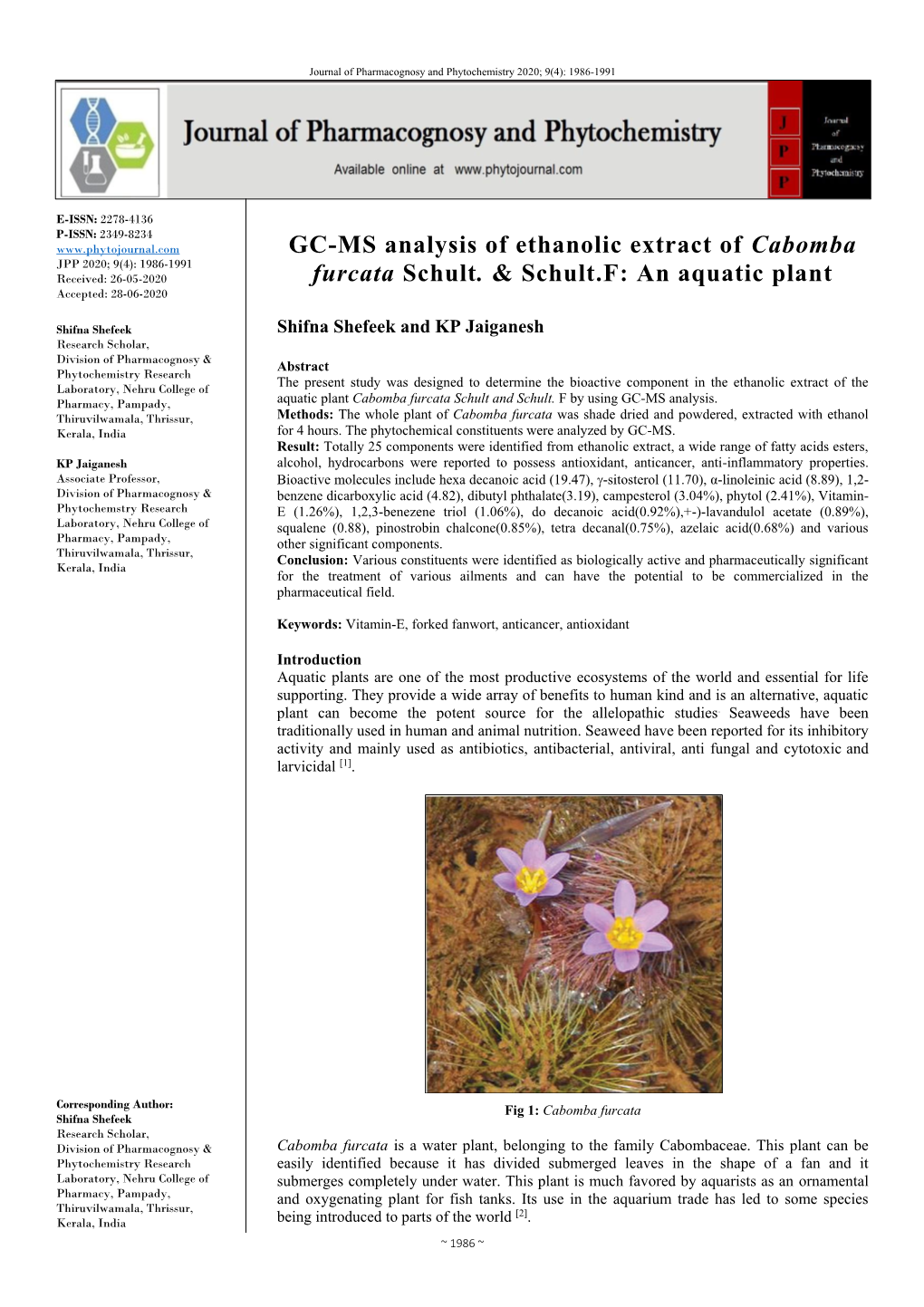 GC-MS Analysis of Ethanolic Extract of Cabomba Furcata Schult. & Schult.F: an Aquatic Plant