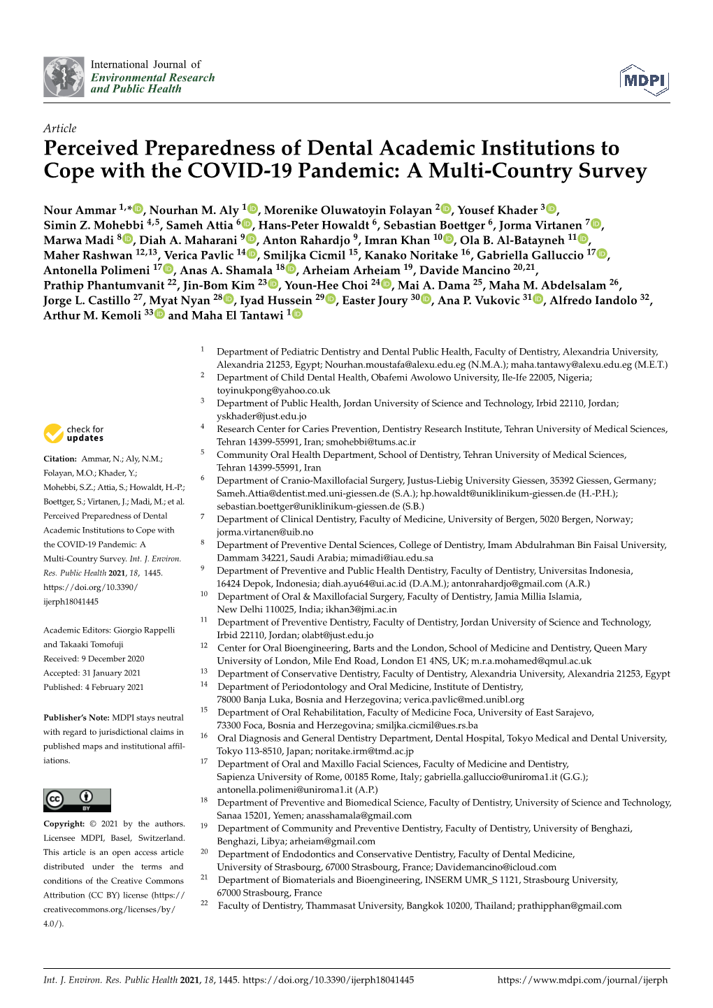 Perceived Preparedness of Dental Academic Institutions to Cope with the COVID-19 Pandemic: a Multi-Country Survey