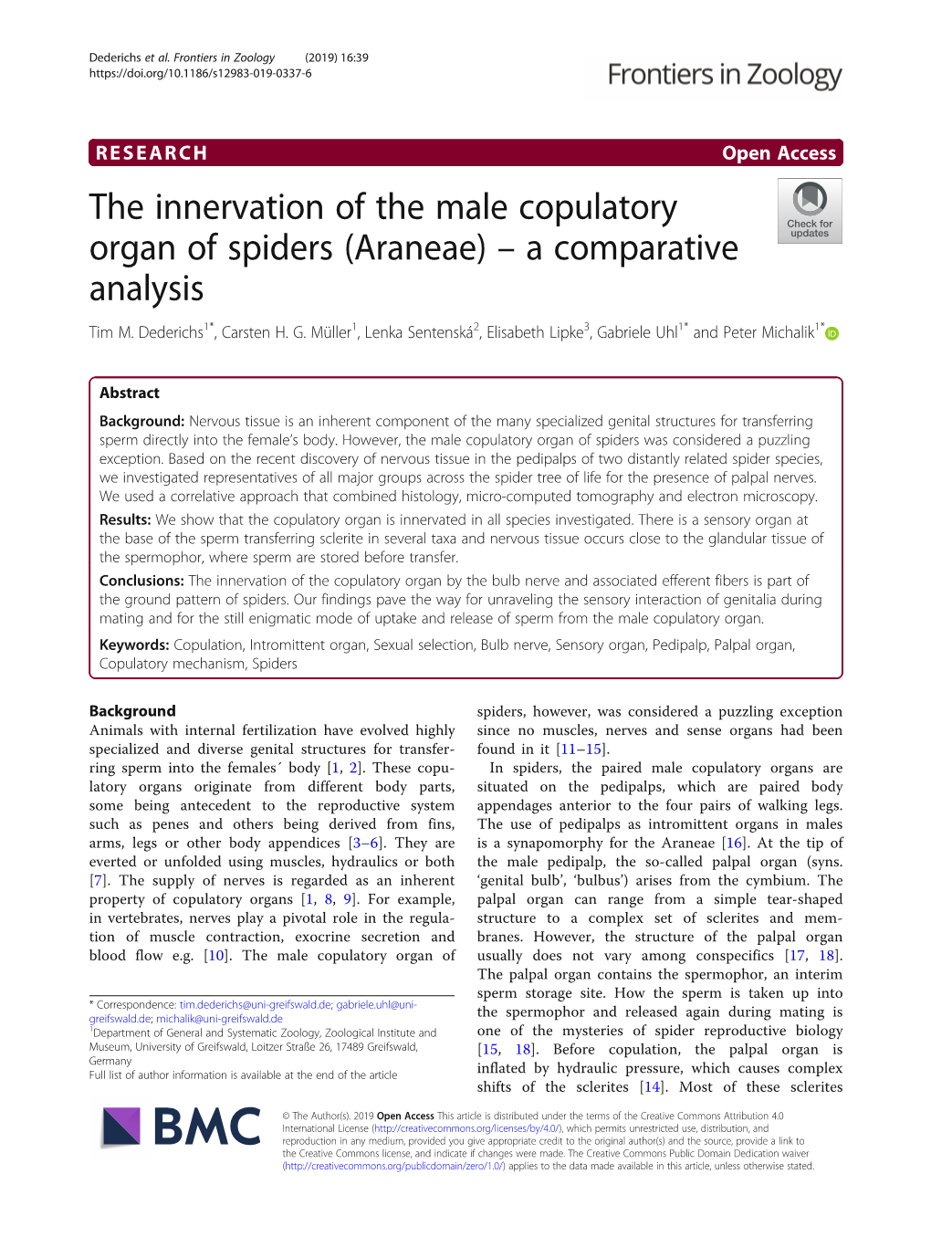 The Innervation of the Male Copulatory Organ of Spiders (Araneae) – a Comparative Analysis Tim M