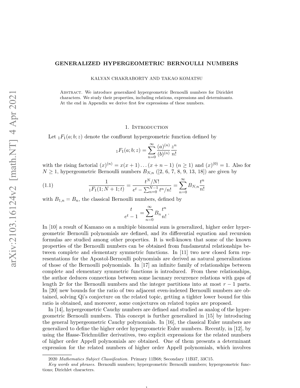 Arxiv:2103.16124V2 [Math.NT] 4 Apr 2021 (1.1) N Xrsinfrterltdnmeso Ihrodrapl Po Appell Order Them Higher of of One Numbers Obtained