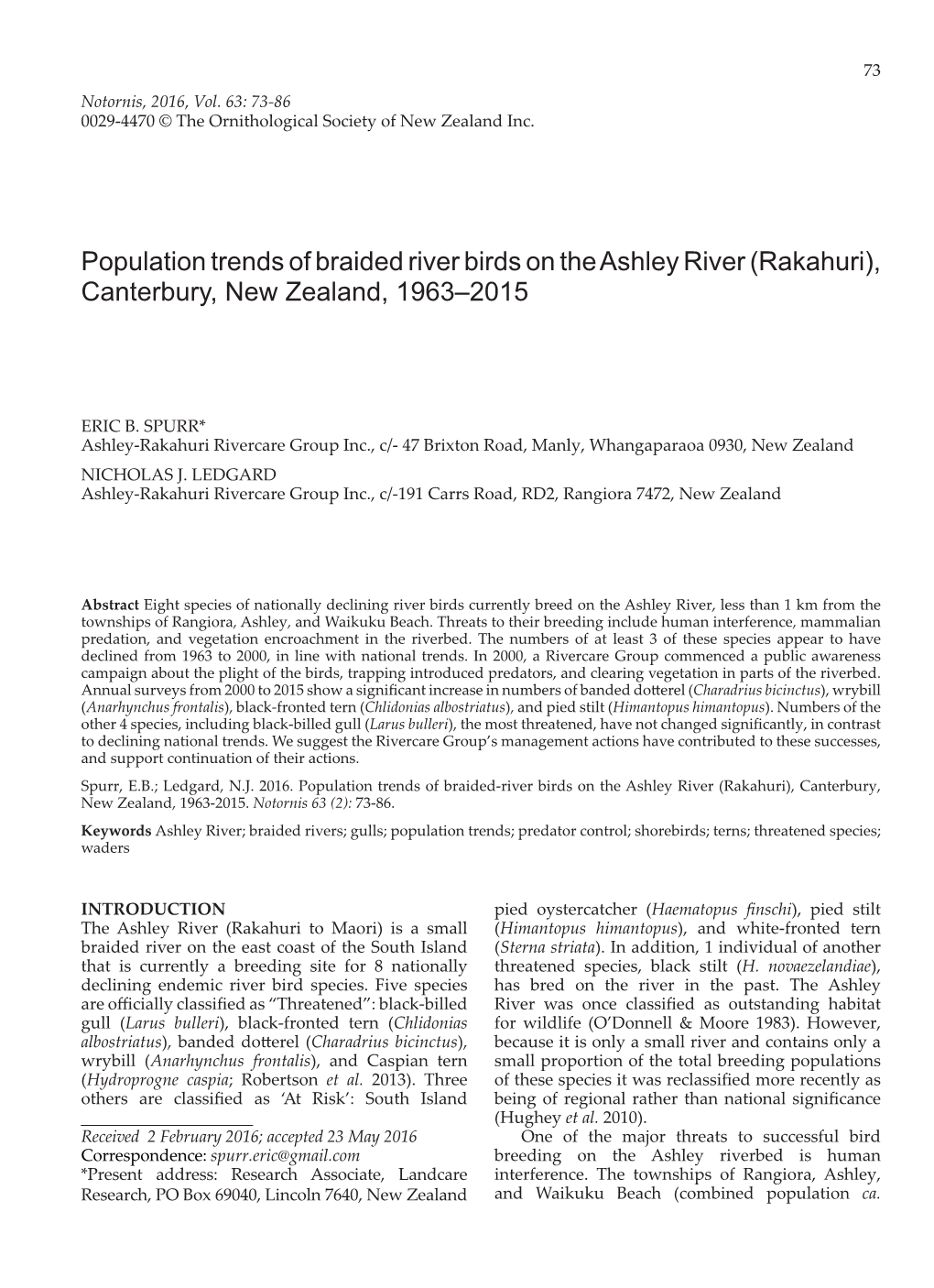 Population Trends of Braided River Birds on the Ashley River (Rakahuri), Canterbury, New Zealand, 1963–2015