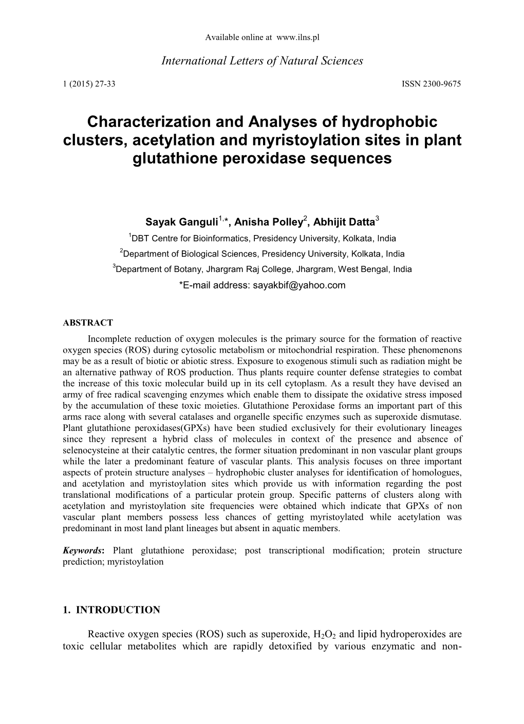 Characterization and Analyses of Hydrophobic Clusters, Acetylation and Myristoylation Sites in Plant Glutathione Peroxidase Sequences