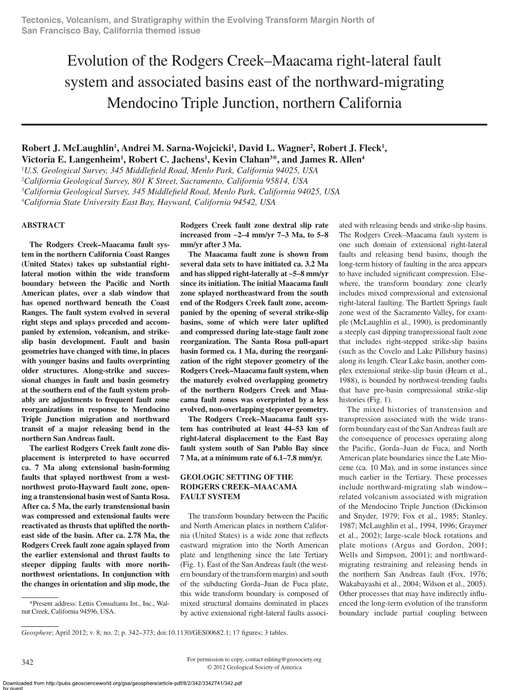 Evolution of the Rodgers Creek–Maacama Right-Lateral Fault System and Associated Basins East of the Northward-Migrating Mendocino Triple Junction, Northern California