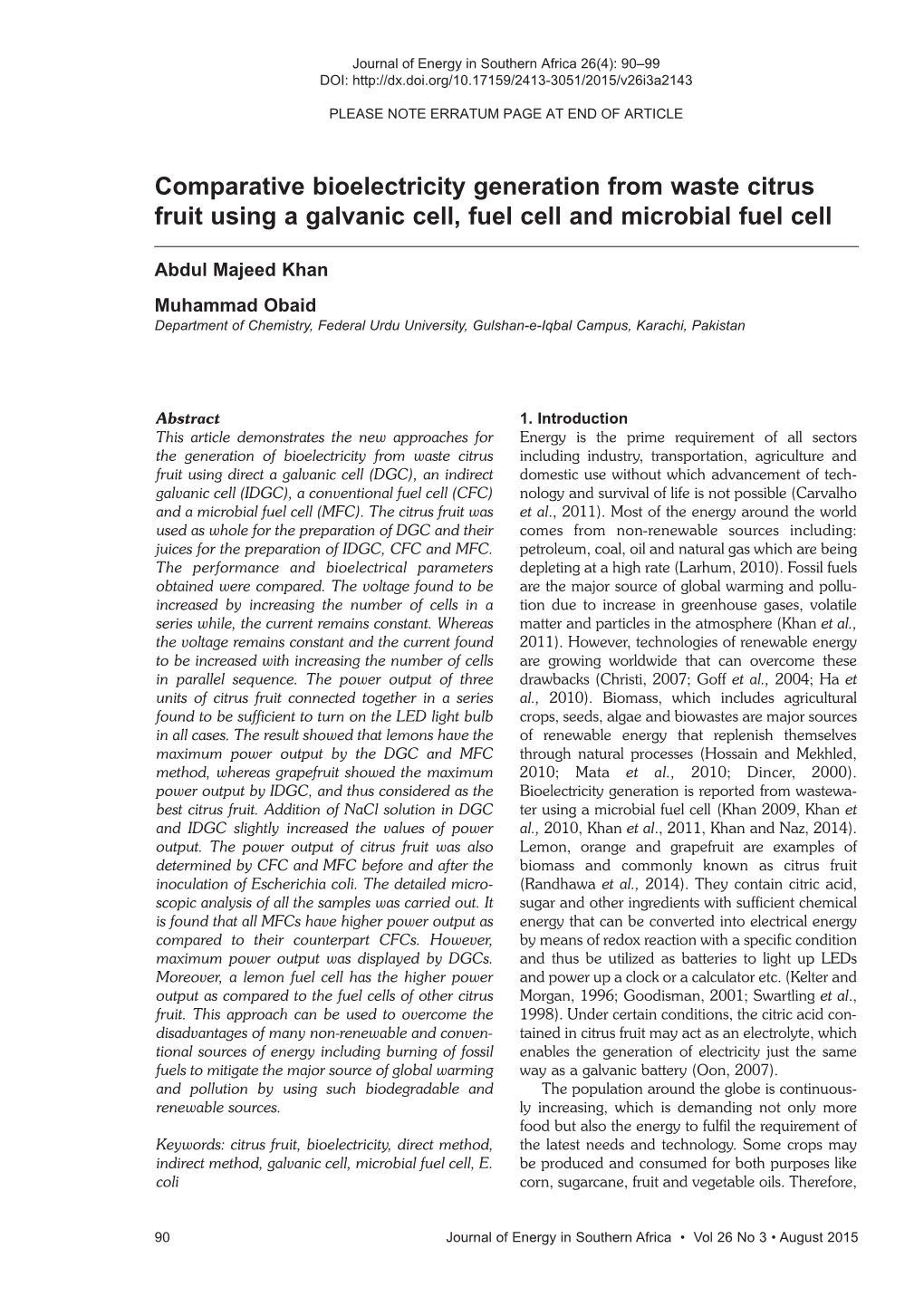 Comparative Bioelectricity Generation from Waste Citrus Fruit Using a Galvanic Cell, Fuel Cell and Microbial Fuel Cell