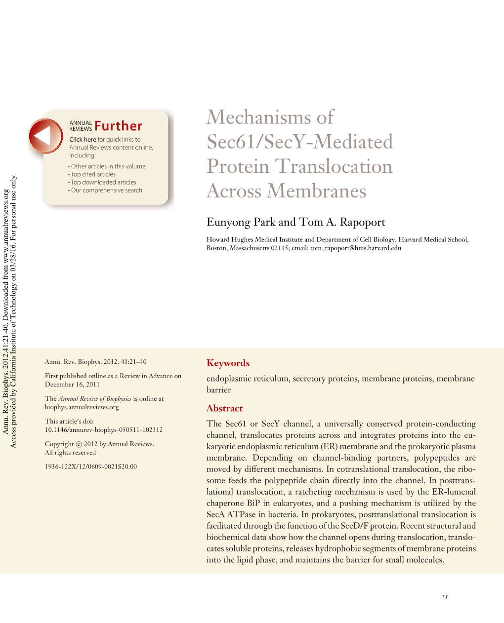 Mechanisms of Sec61/Secy-Mediated Protein Translocation Across Membranes