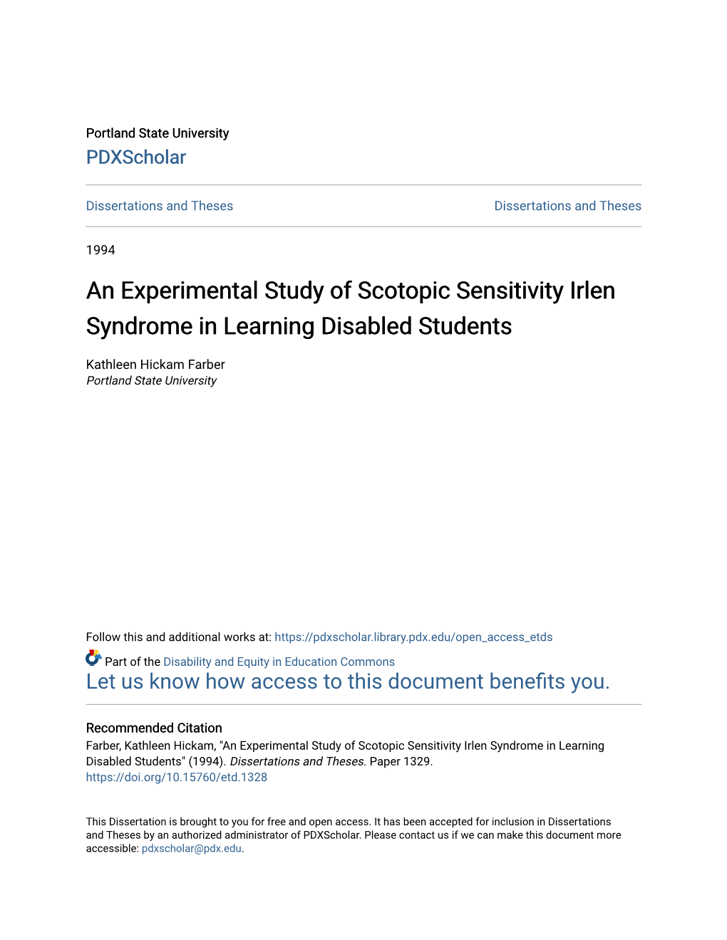 An Experimental Study of Scotopic Sensitivity Irlen Syndrome in Learning Disabled Students