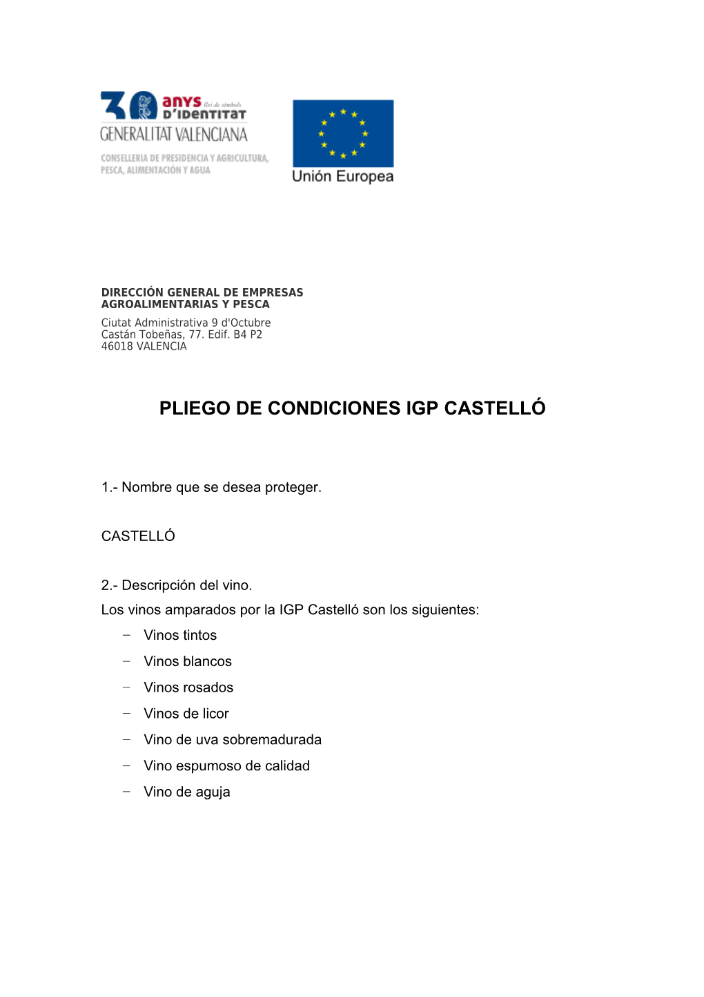 Pliego De Condiciones Igp Vino De Castellón/Vi De Castelló
