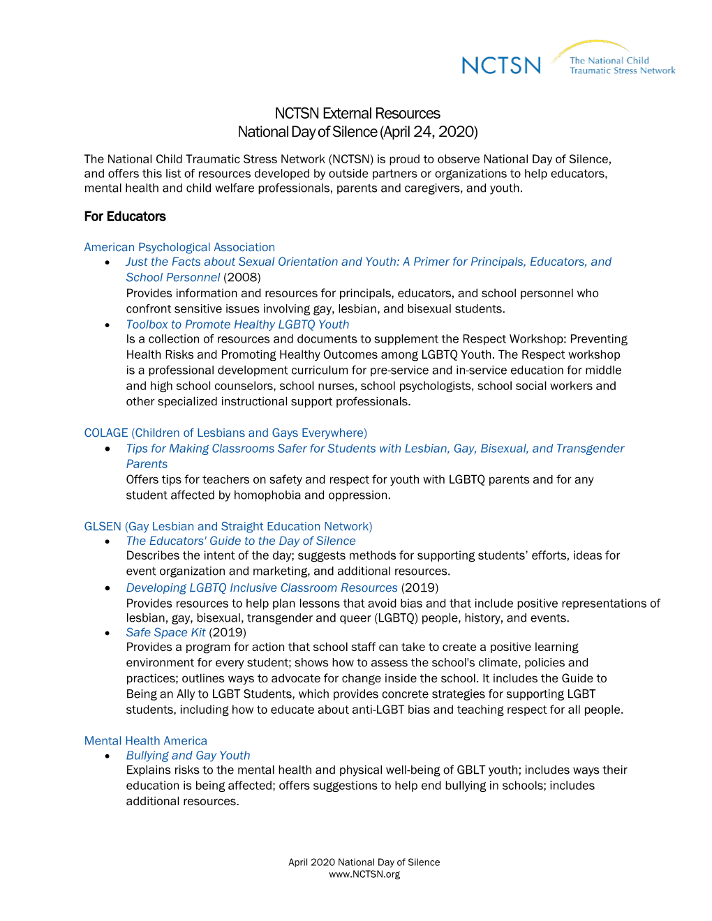 NCTSN External Resources National Day of Silence (April 24, 2020)