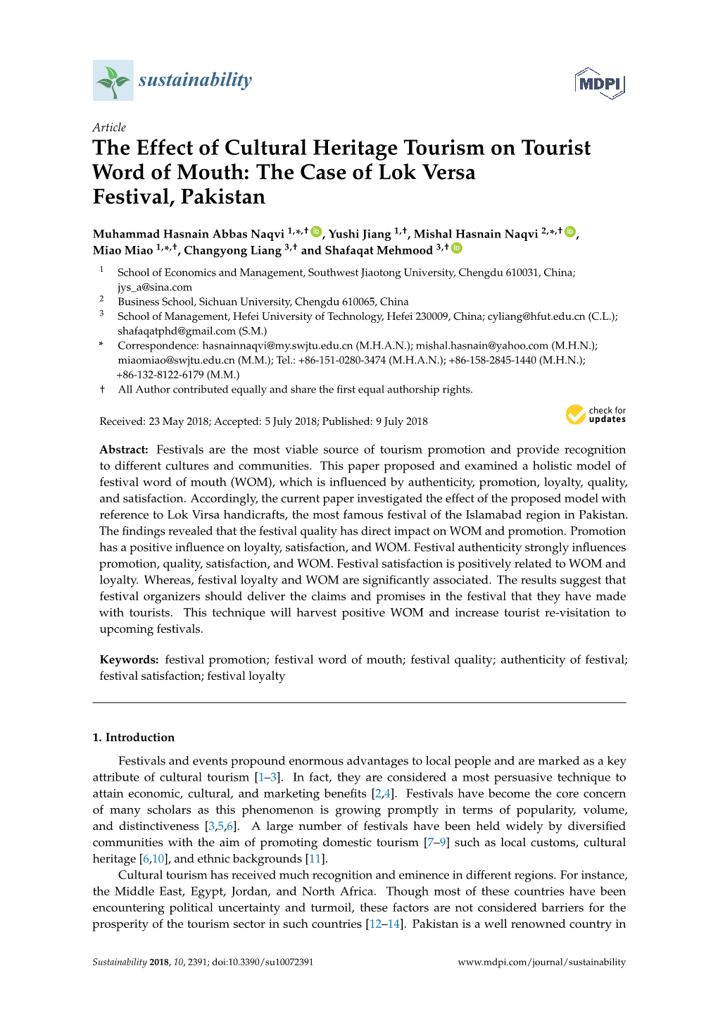 The Effect of Cultural Heritage Tourism on Tourist Word of Mouth: the Case of Lok Versa Festival, Pakistan
