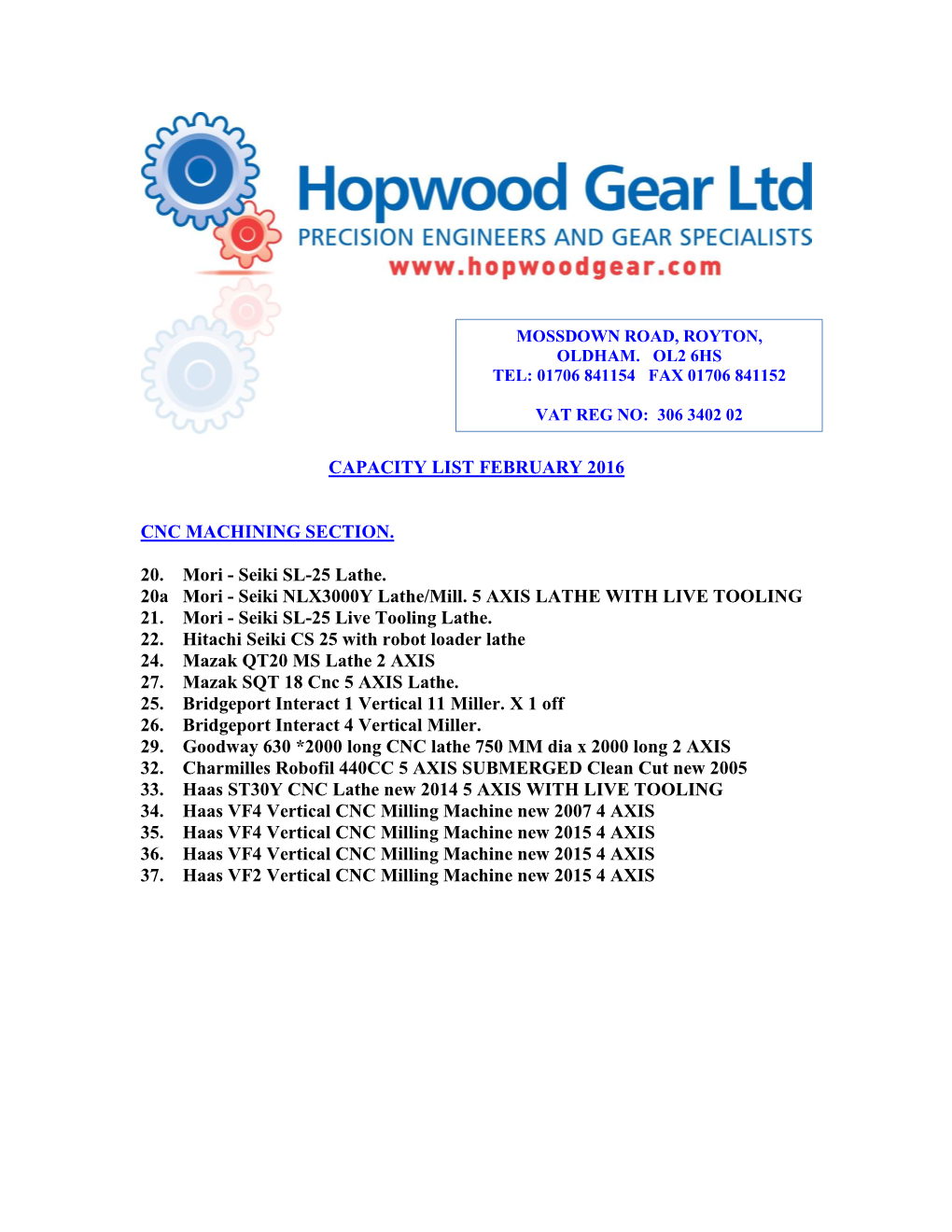 Capacity List February 2016 Cnc Machining Section