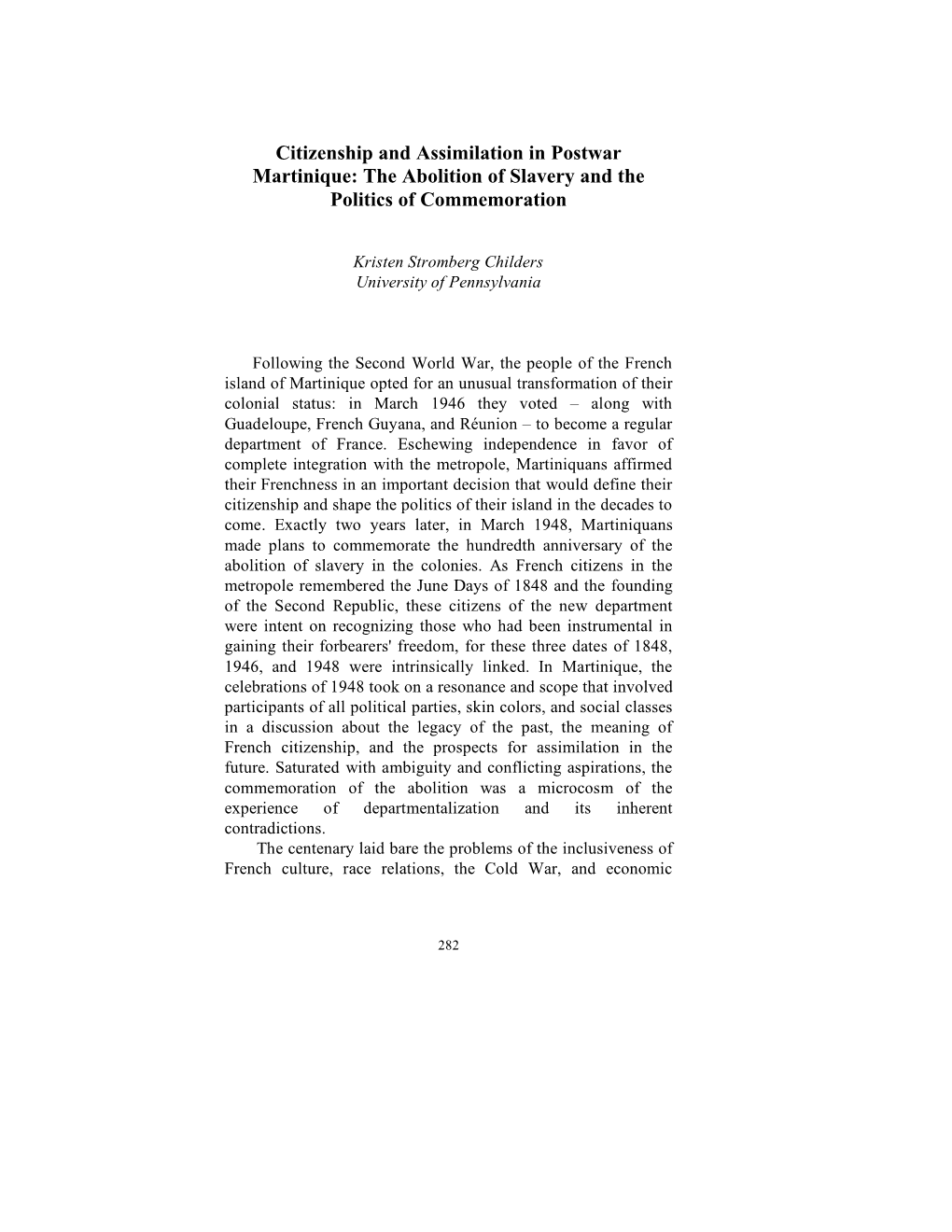 Citizenship and Assimilation in Postwar Martinique: the Abolition of Slavery and the Politics of Commemoration