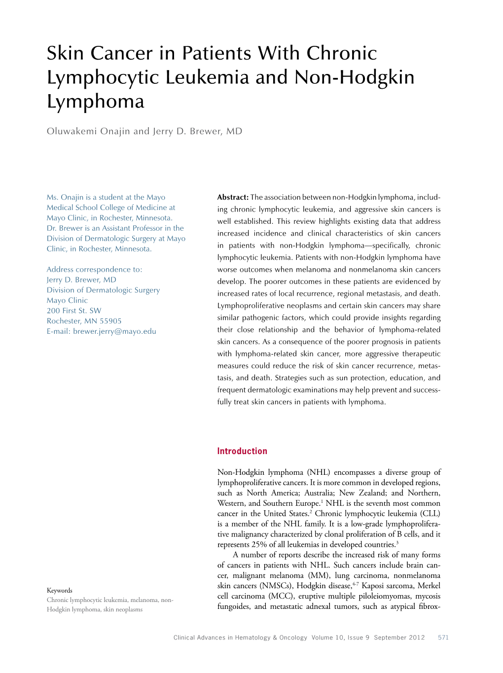 Skin Cancer in Patients with Chronic Lymphocytic Leukemia and Non-Hodgkin Lymphoma