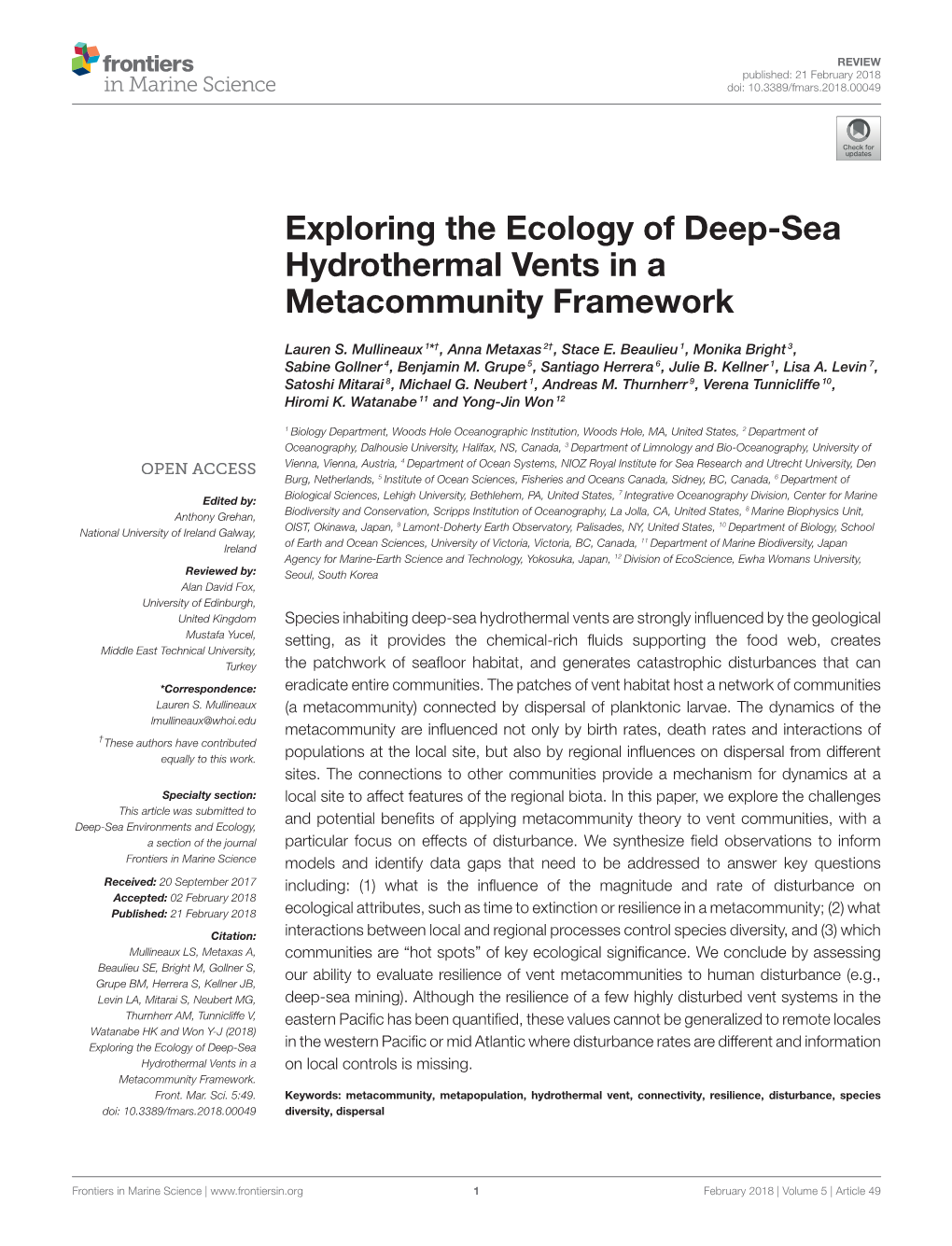 Exploring the Ecology of Deep-Sea Hydrothermal Vents in a Metacommunity Framework