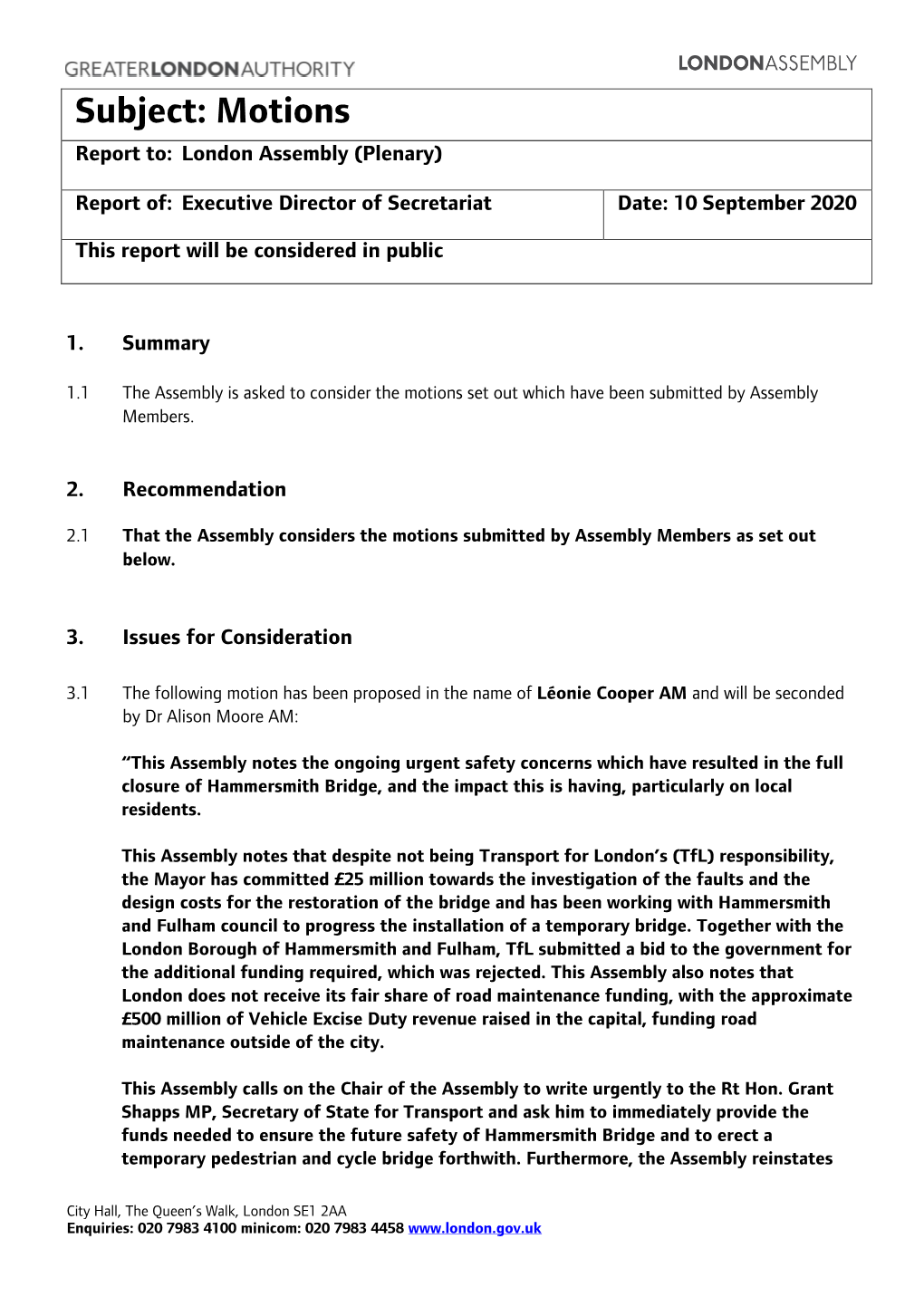 Motions Report To: London Assembly (Plenary)