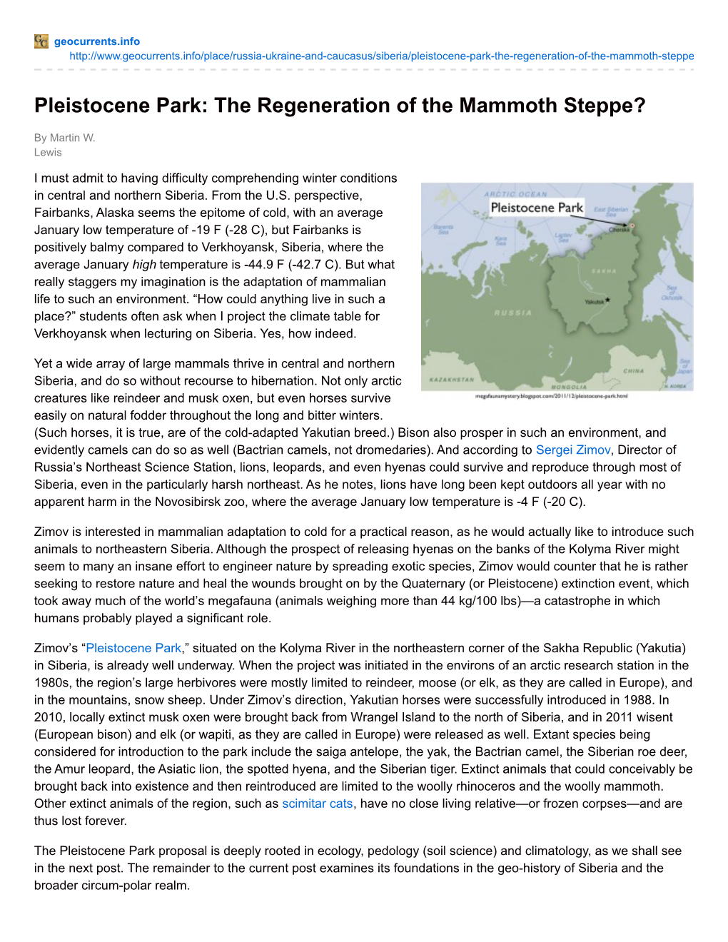 Pleistocene Park: the Regeneration of the Mammoth Steppe?