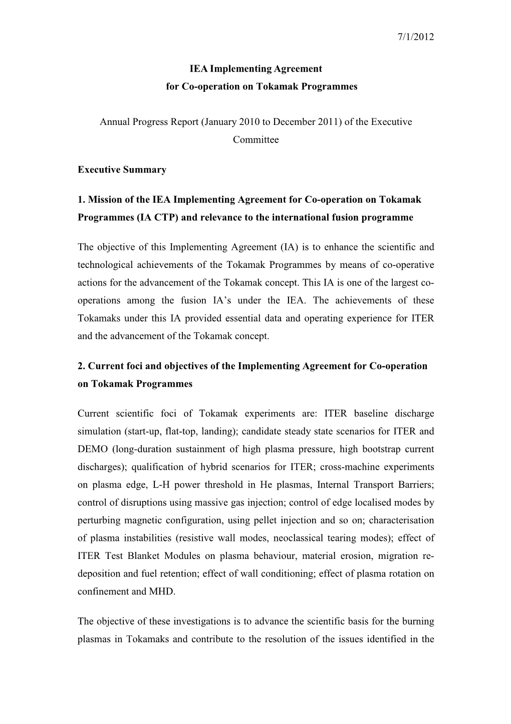 7/1/2012 IEA Implementing Agreement for Co-Operation On