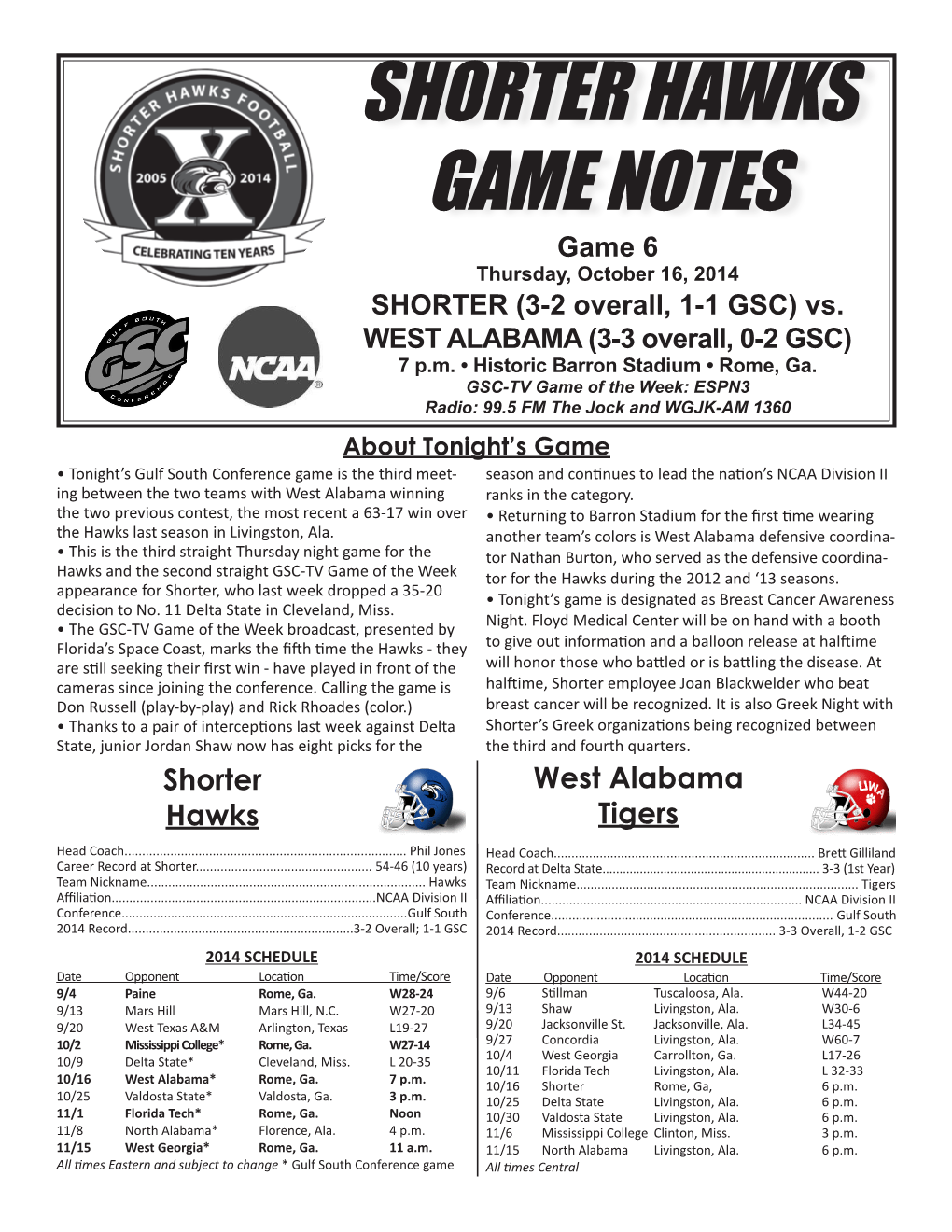 SHORTER HAWKS GAME NOTES Game 6 Thursday, October 16, 2014 SHORTER (3-2 Overall, 1-1 GSC) Vs