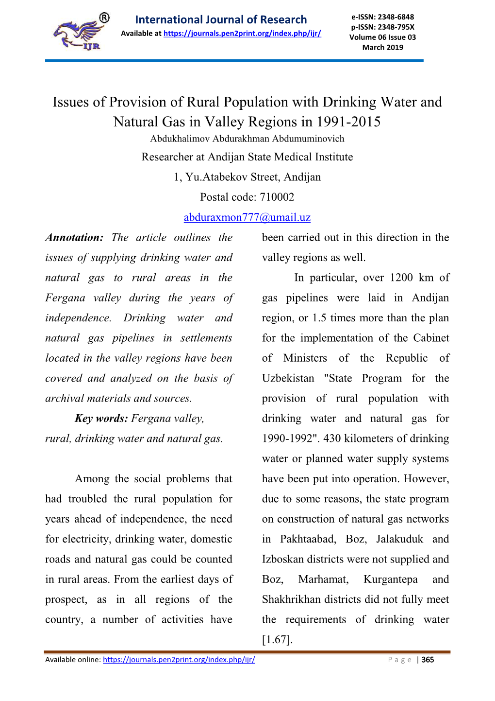 Issues of Provision of Rural Population with Drinking Water and Natural Gas in Valley Regions in 1991-2015