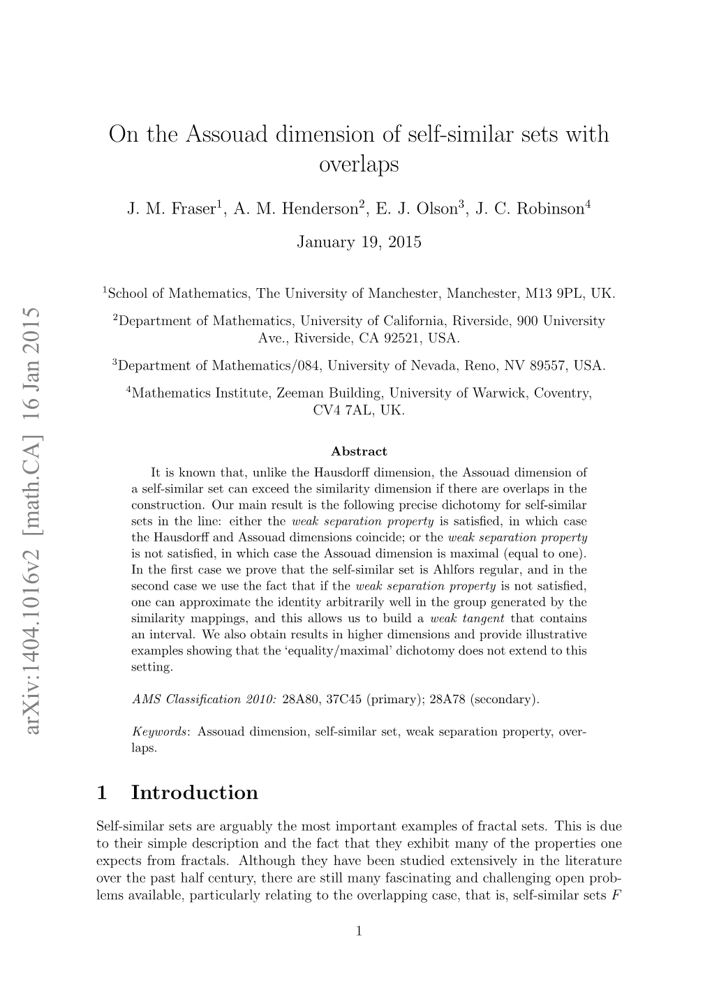 On the Assouad Dimension of Self-Similar Sets with Overlaps Arxiv