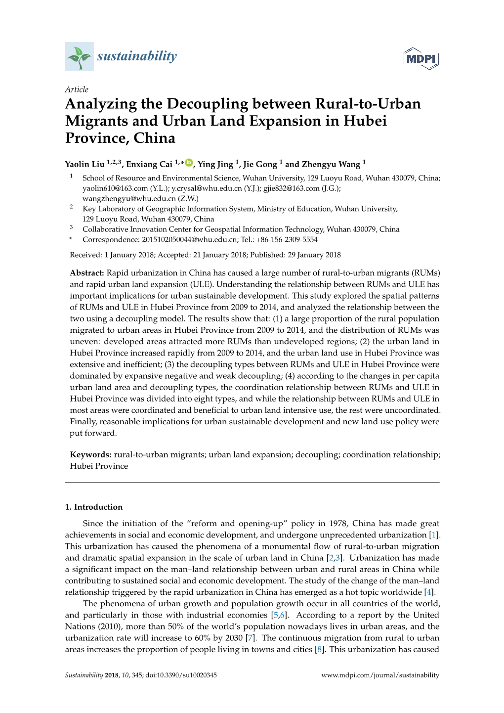 Analyzing the Decoupling Between Rural-To-Urban Migrants and Urban Land Expansion in Hubei Province, China