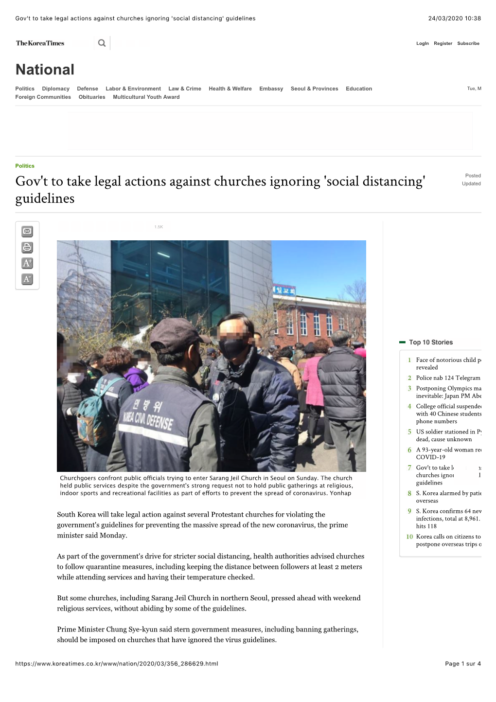 Gov't to Take Legal Actions Against Churches Ignoring 'Social Distancing' Guidelines 24/03/2020 10�38