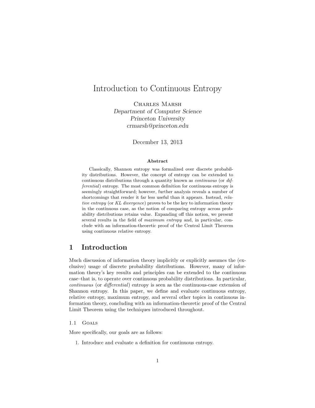 Introduction to Continuous Entropy