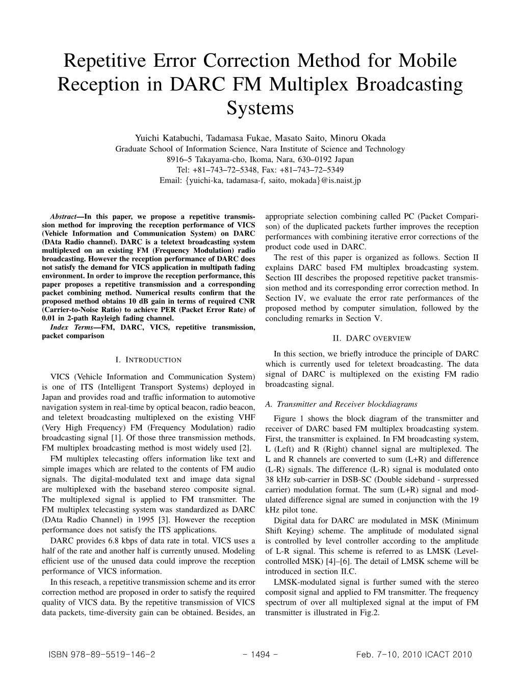 Repetitive Error Correction Method for Mobile Reception in DARC FM Multiplex Broadcasting Systems