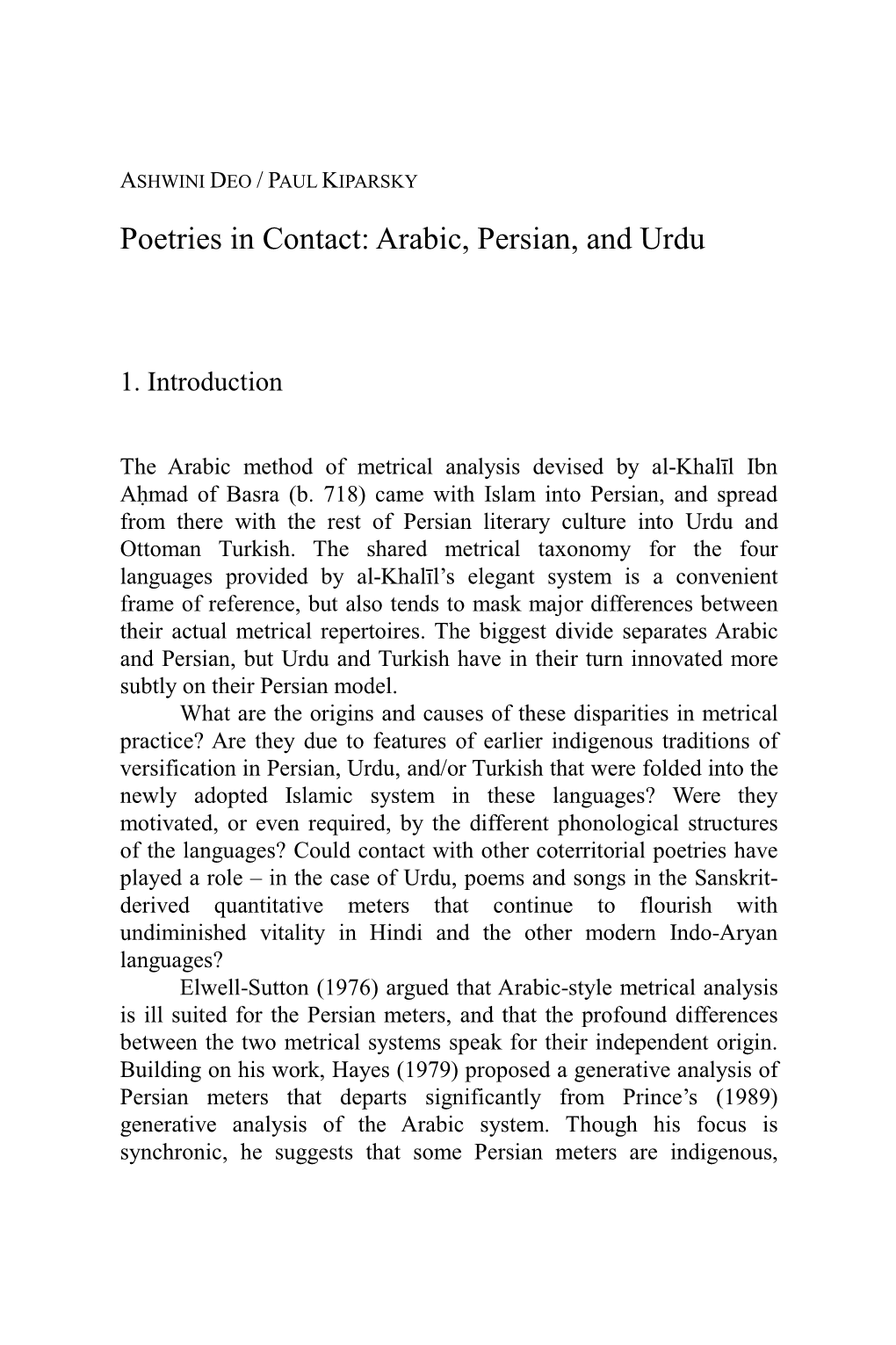 Poetries in Contact: Arabic, Persian, and Urdu