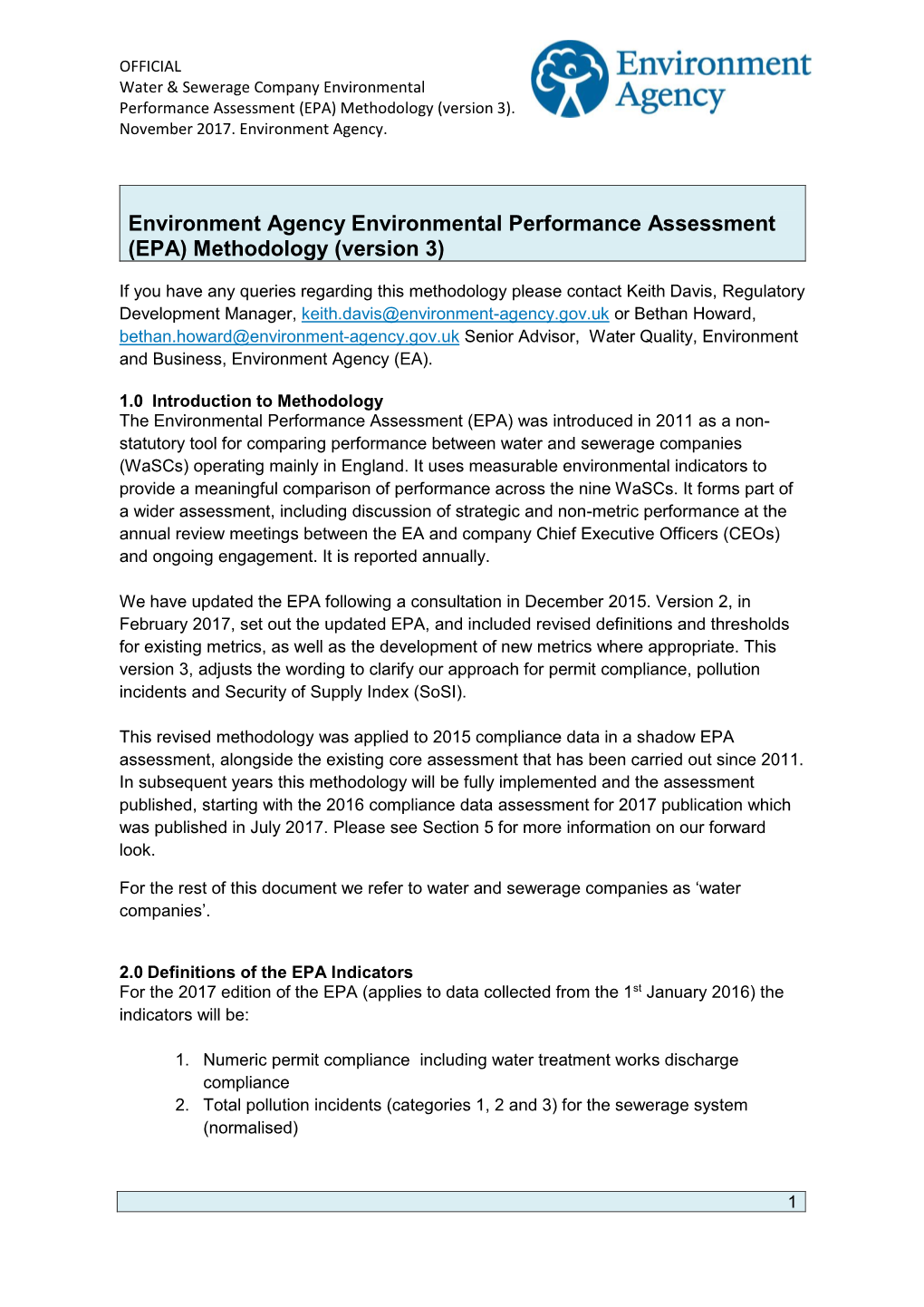 Environment Agency Environmental Performance Assessment (EPA) Methodology (Version 3)