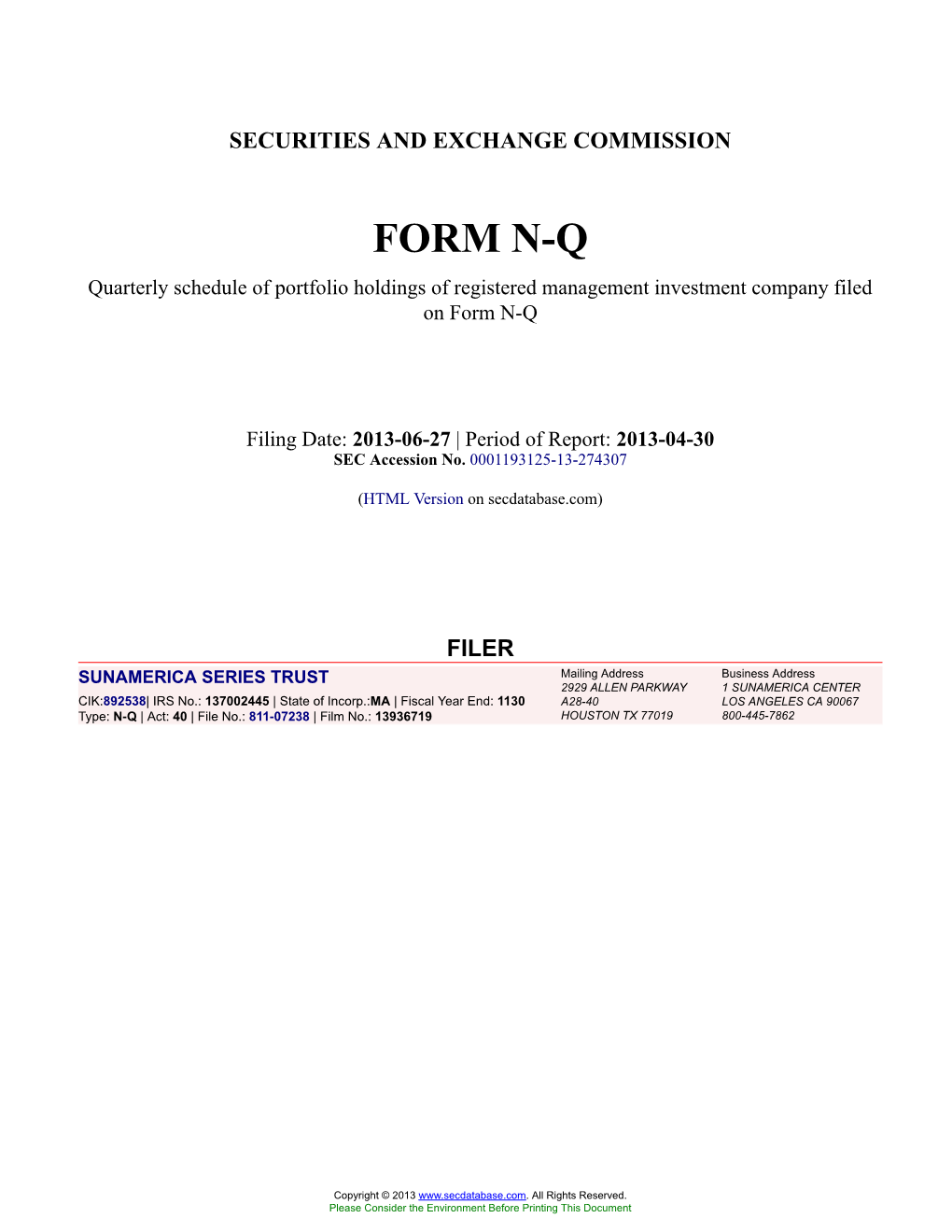 SUNAMERICA SERIES TRUST Form N-Q Filed 2013-06-27