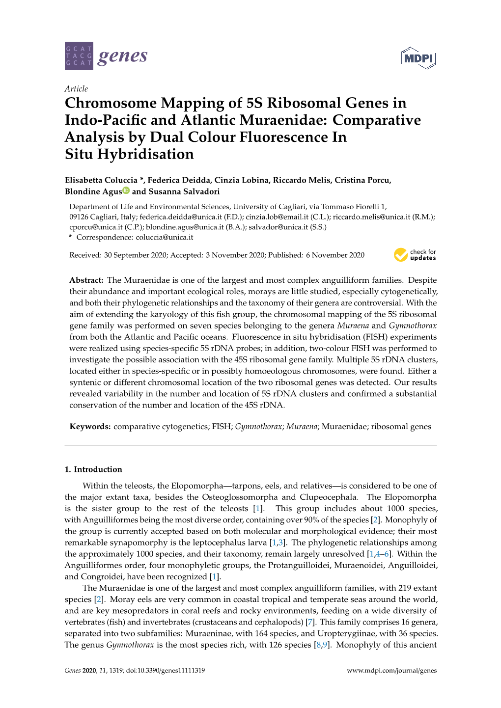 Chromosome Mapping of 5S Ribosomal Genes in Indo-Paciﬁc and Atlantic Muraenidae: Comparative Analysis by Dual Colour Fluorescence in Situ Hybridisation