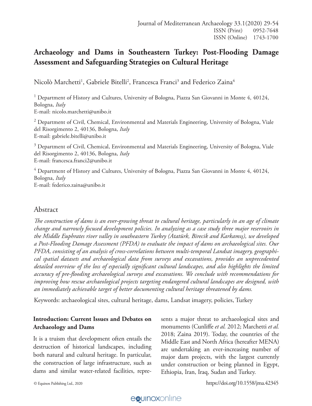 Archaeology and Dams in Southeastern Turkey: Post-Flooding Damage Assessment and Safeguarding Strategies on Cultural Heritage