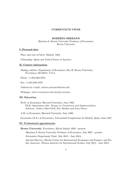 CURRICULUM VITAE ROBERTO SERRANO I. Personal Data II. Contact Information III. Education IV. Professional Appointments