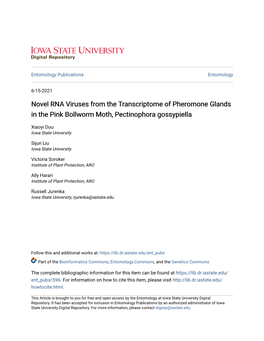 Novel RNA Viruses from the Transcriptome of Pheromone Glands in the Pink Bollworm Moth, Pectinophora Gossypiella