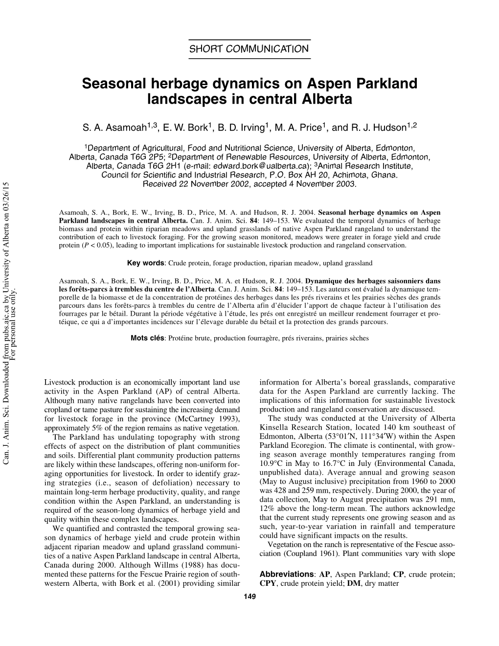 Seasonal Herbage Dynamics on Aspen Parkland Landscapes in Central Alberta