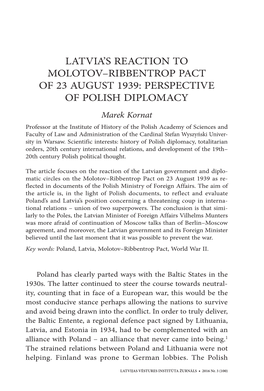 Latvia's Reaction to Molotov–Ribbentrop Pact of 23 August 1939