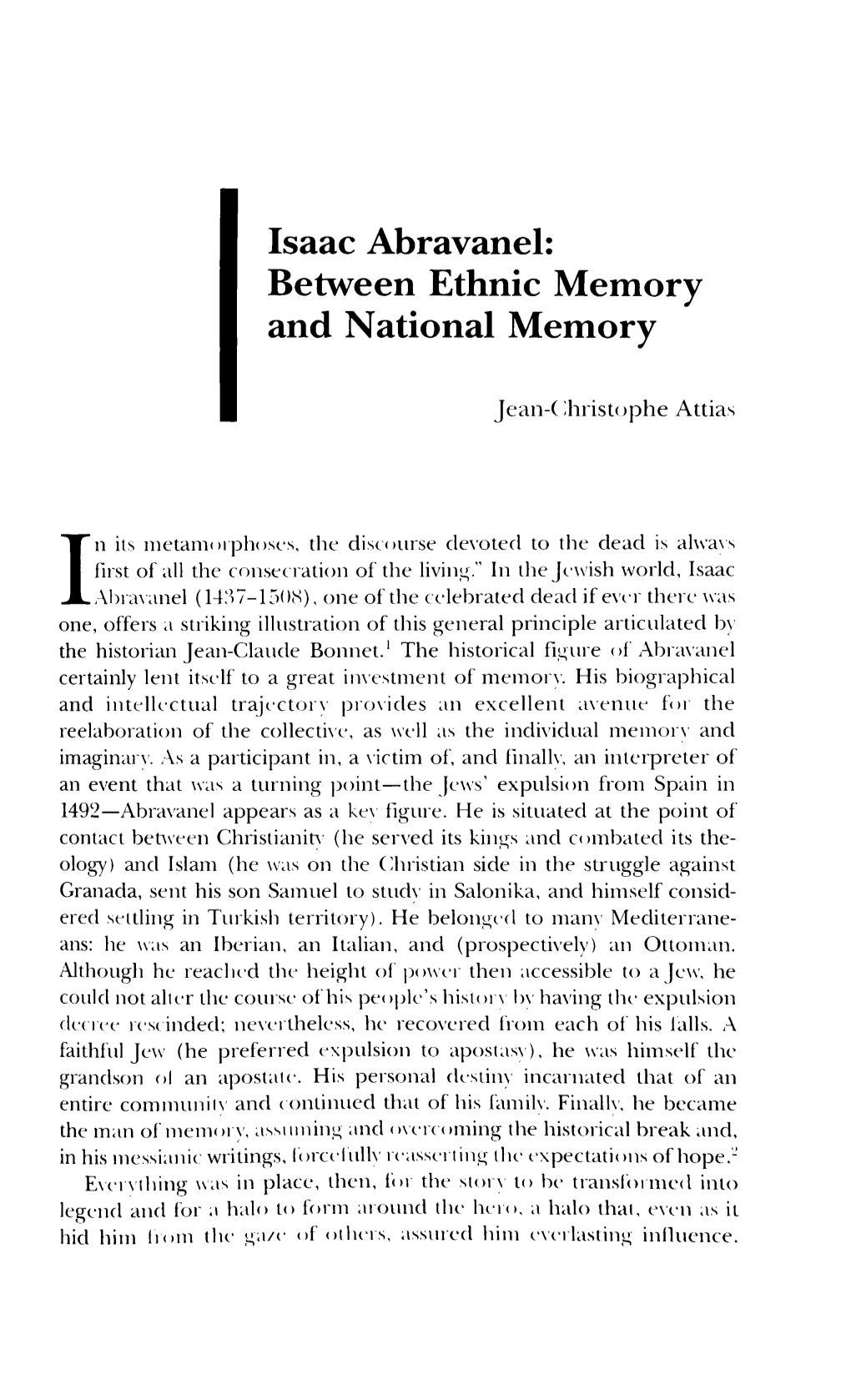 Isaac Abravanel: Between Ethnic Memory and National Memory