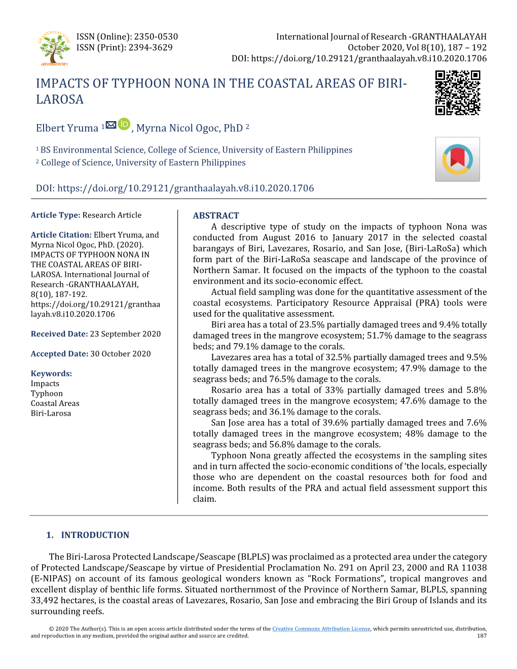 Impacts of Typhoon Nona in the Coastal Areas of Biri- Larosa