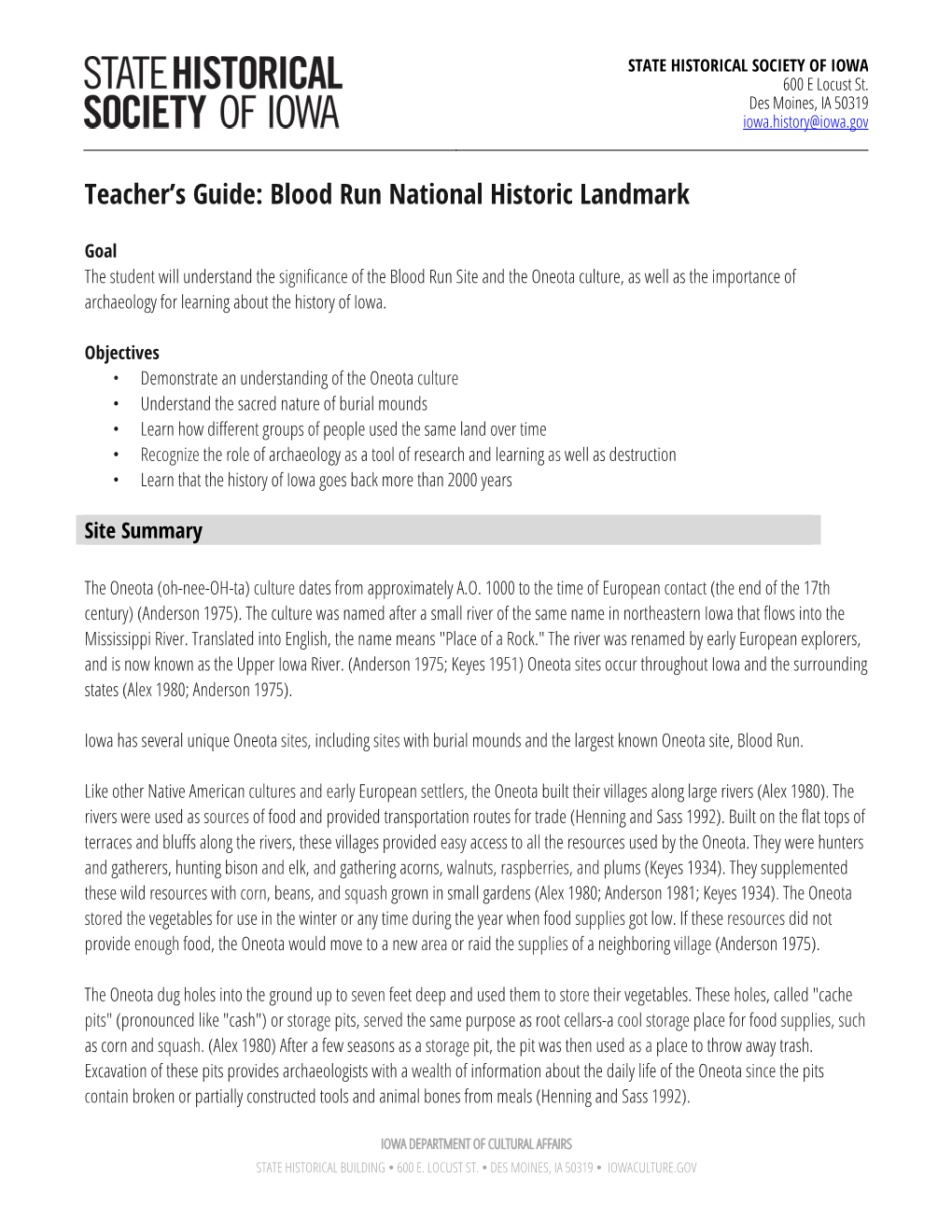 Teacher's Guide: Blood Run National Historic Landmark