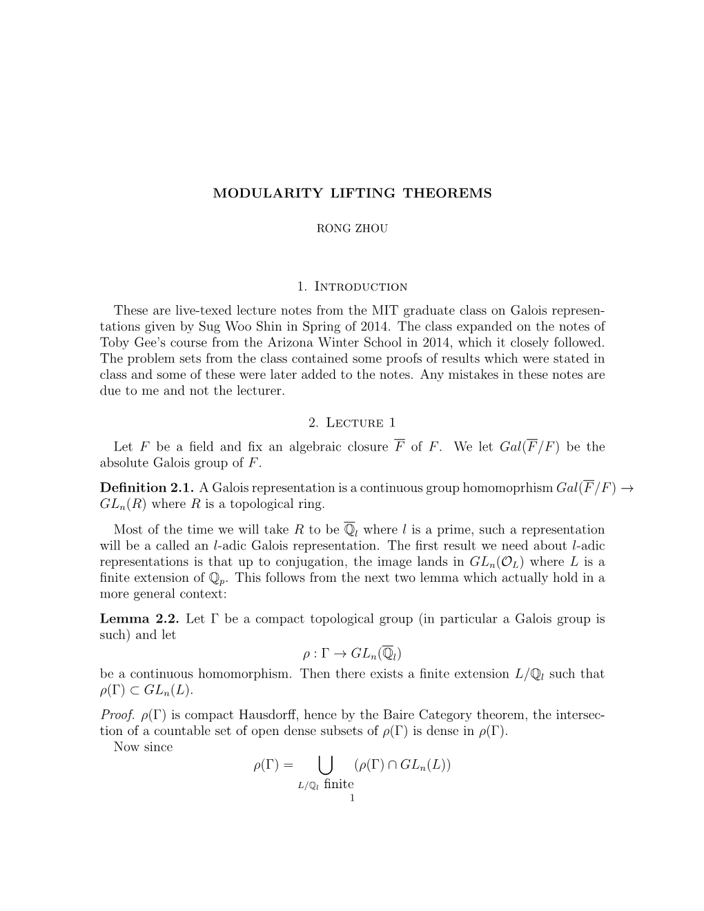 Modularity Lifting Theorems