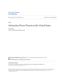 Antinuclear Power Protests in the United States Danielle Poe University of Dayton, Dpoe01@Udayton.Edu