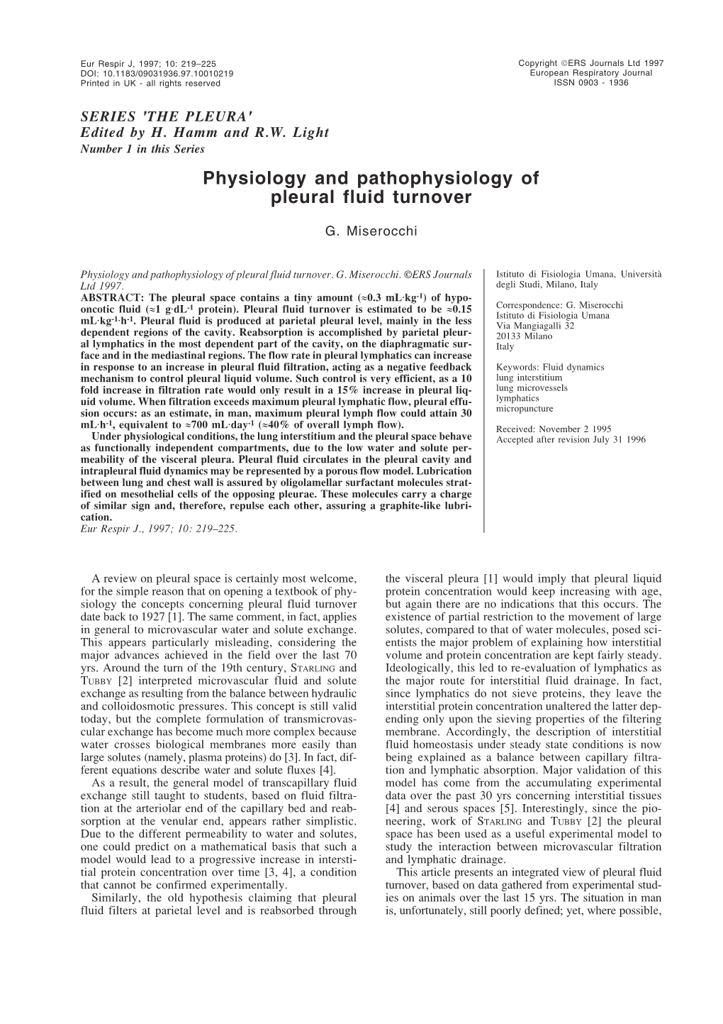 Physiology and Pathophysiology of Pleural Fluid Turnover