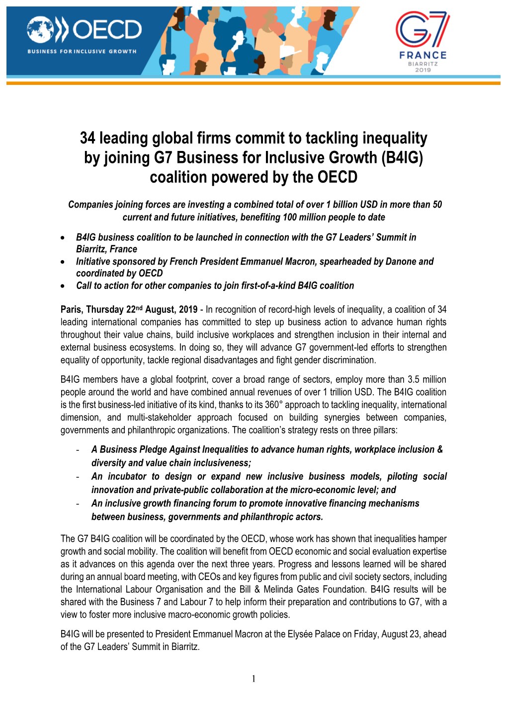 34 Leading Global Firms Commit to Tackling Inequality by Joining G7 Business for Inclusive Growth (B4IG) Coalition Powered by the OECD