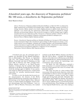 A Hundred Years Ago, the Discovery of Treponema Pallidum* Há 100 Anos, a Descoberta Do Treponema Pallidum*